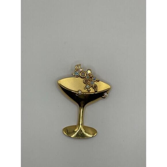 Signed JJ Jonette Vintage Pin Champagne cocktail glass crystal bubble Brooch - Picture 3 of 5